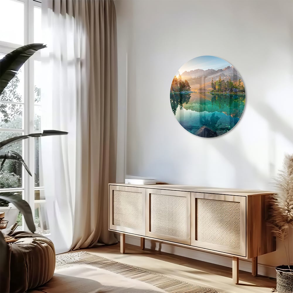 Wunderschönes Glasbild mit Berglandschaft und See