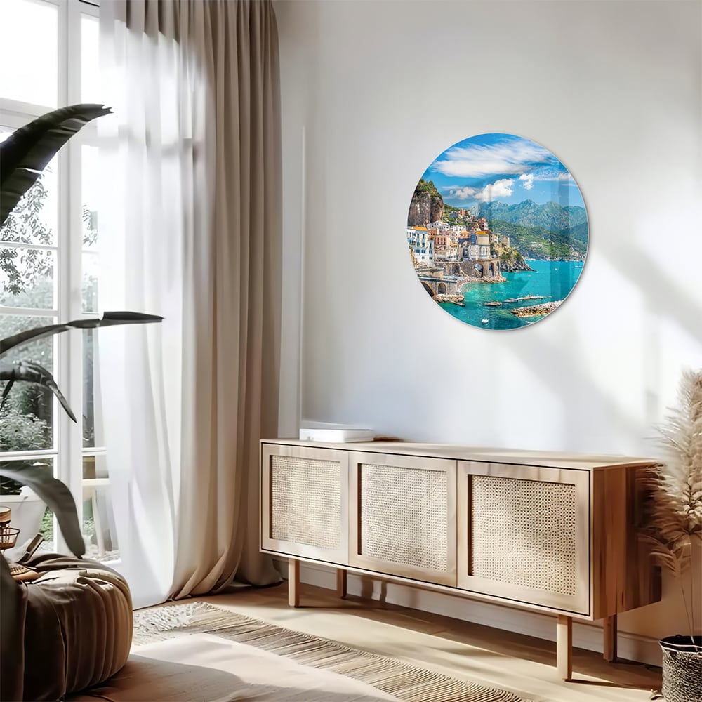 Glasbild mit blauem See und Bergen