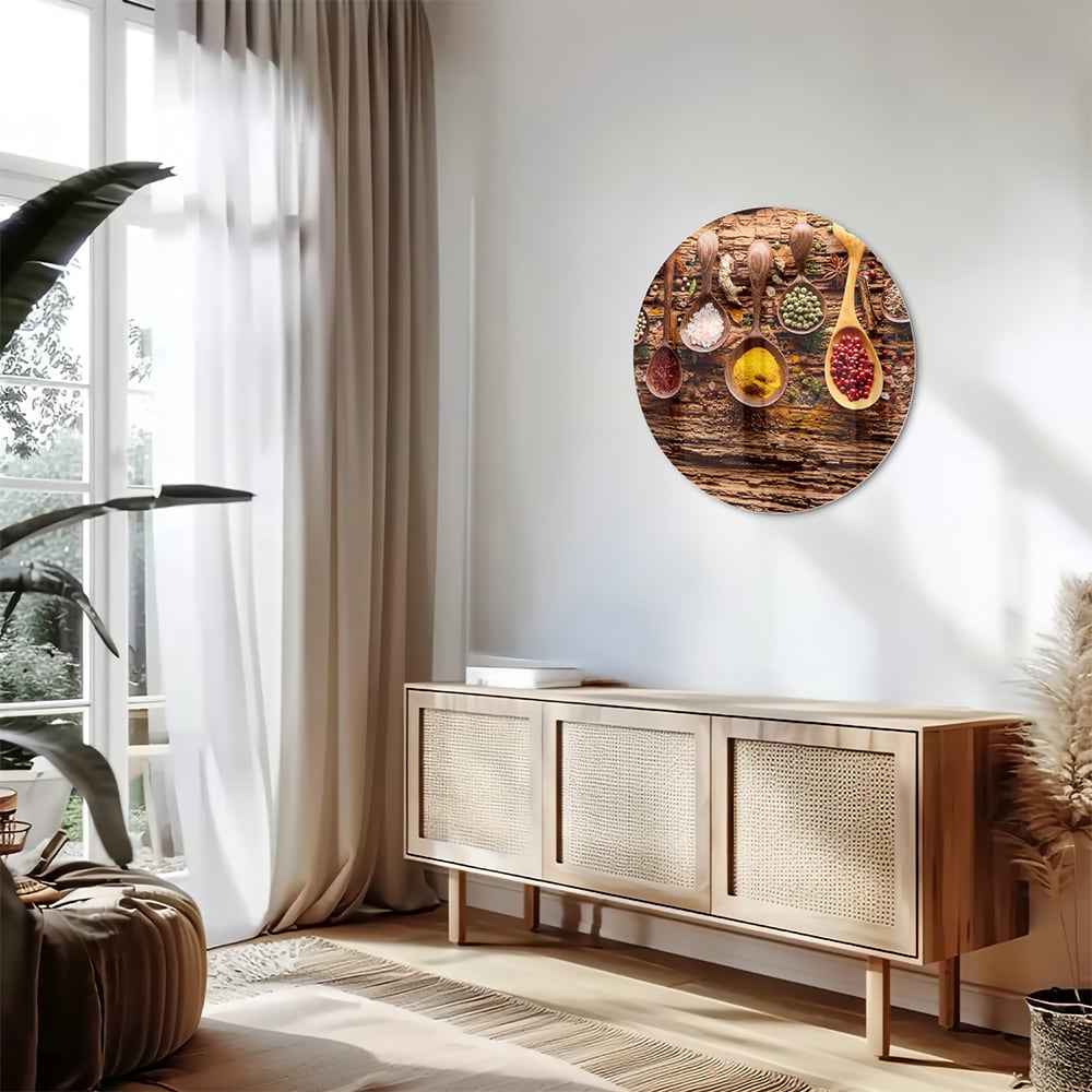 Buntes Glasbild mit Gewürzen und Löffelmotiven