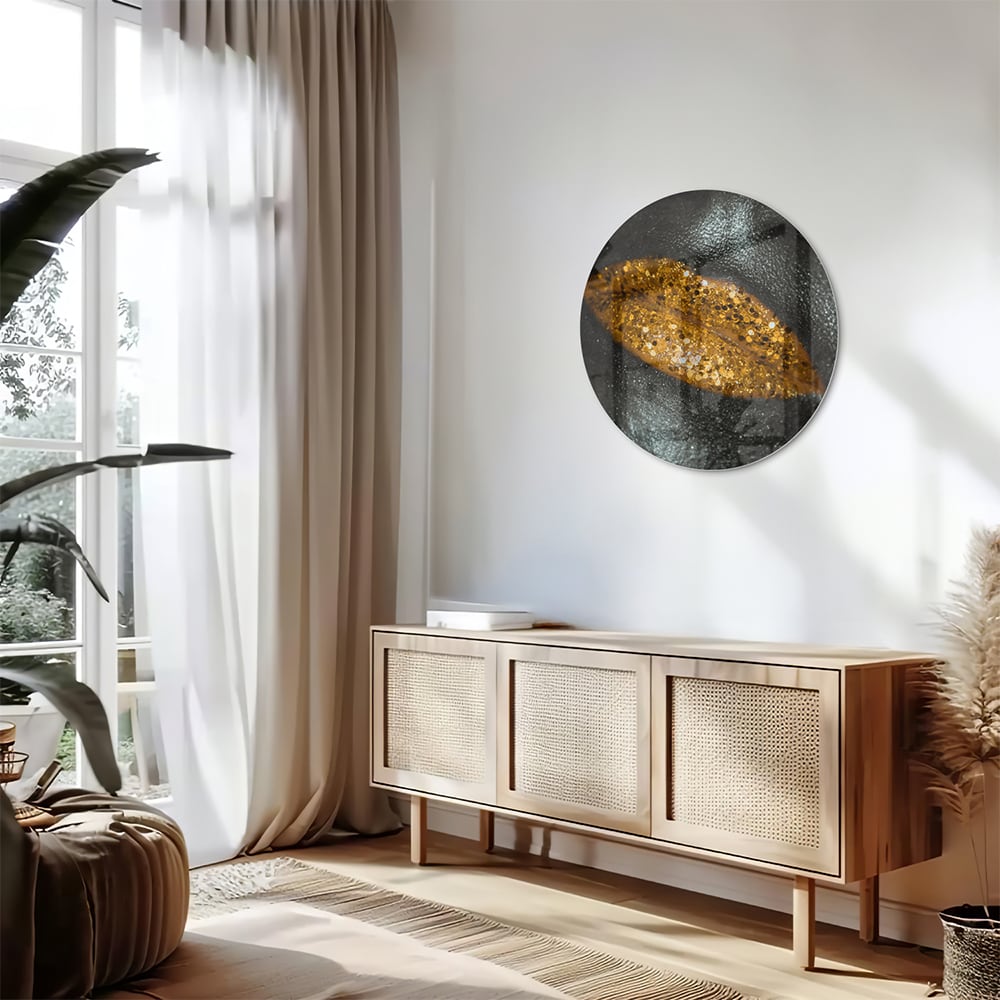 Glasbild mit goldenem Blatt für Ihr Interieur