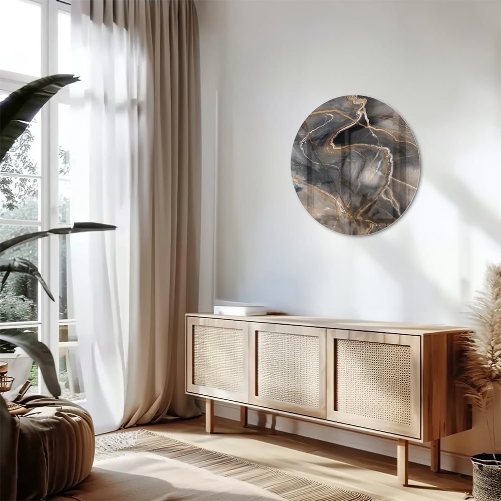Modernes Glasbild mit abstrakten Linien in Schwarz und Gold