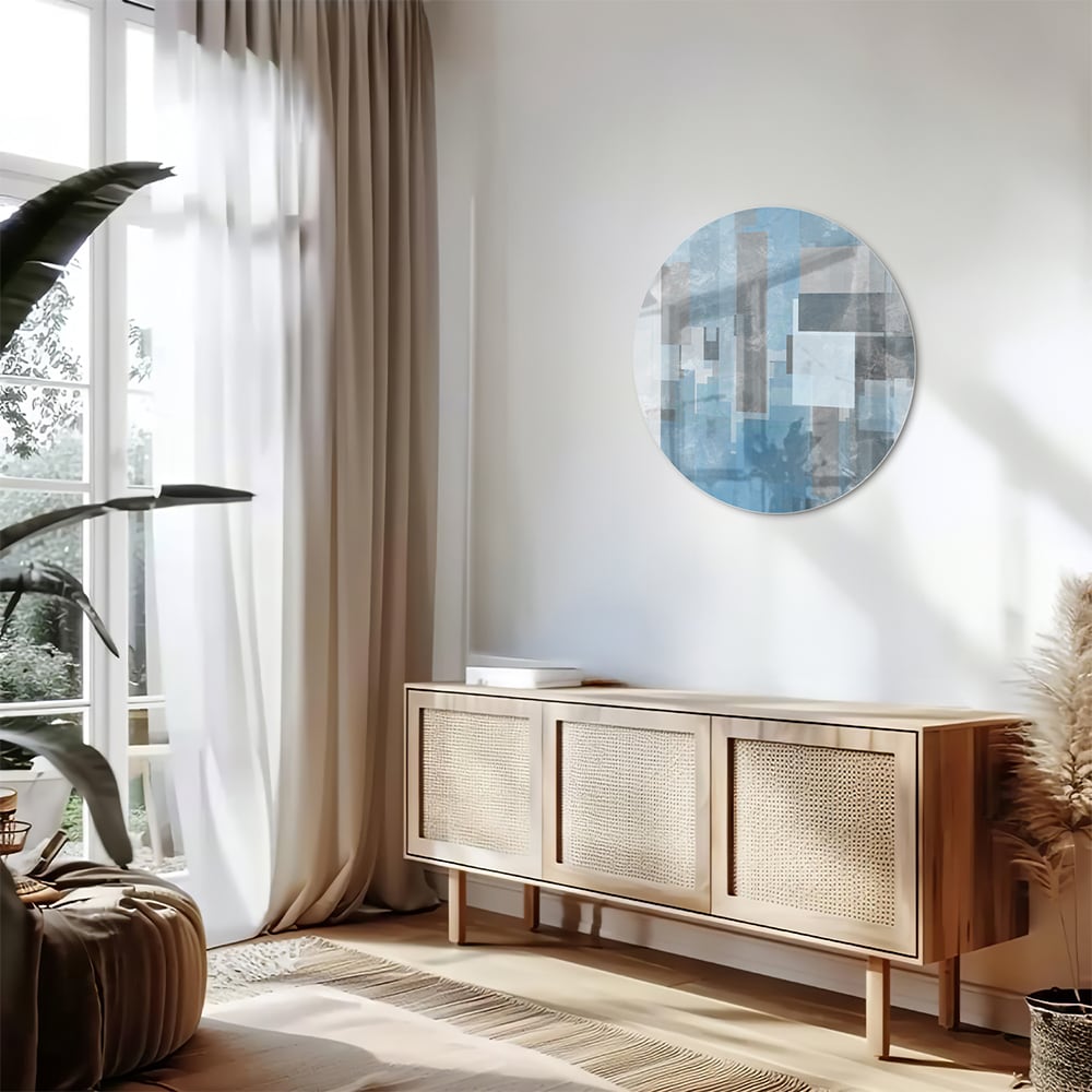 Abstraktes Glasbild in Blau und Grau