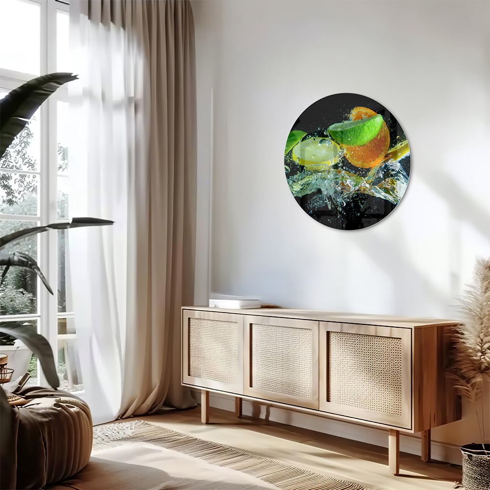Glasbild mit farbenfrohen Zitrusfrüchten