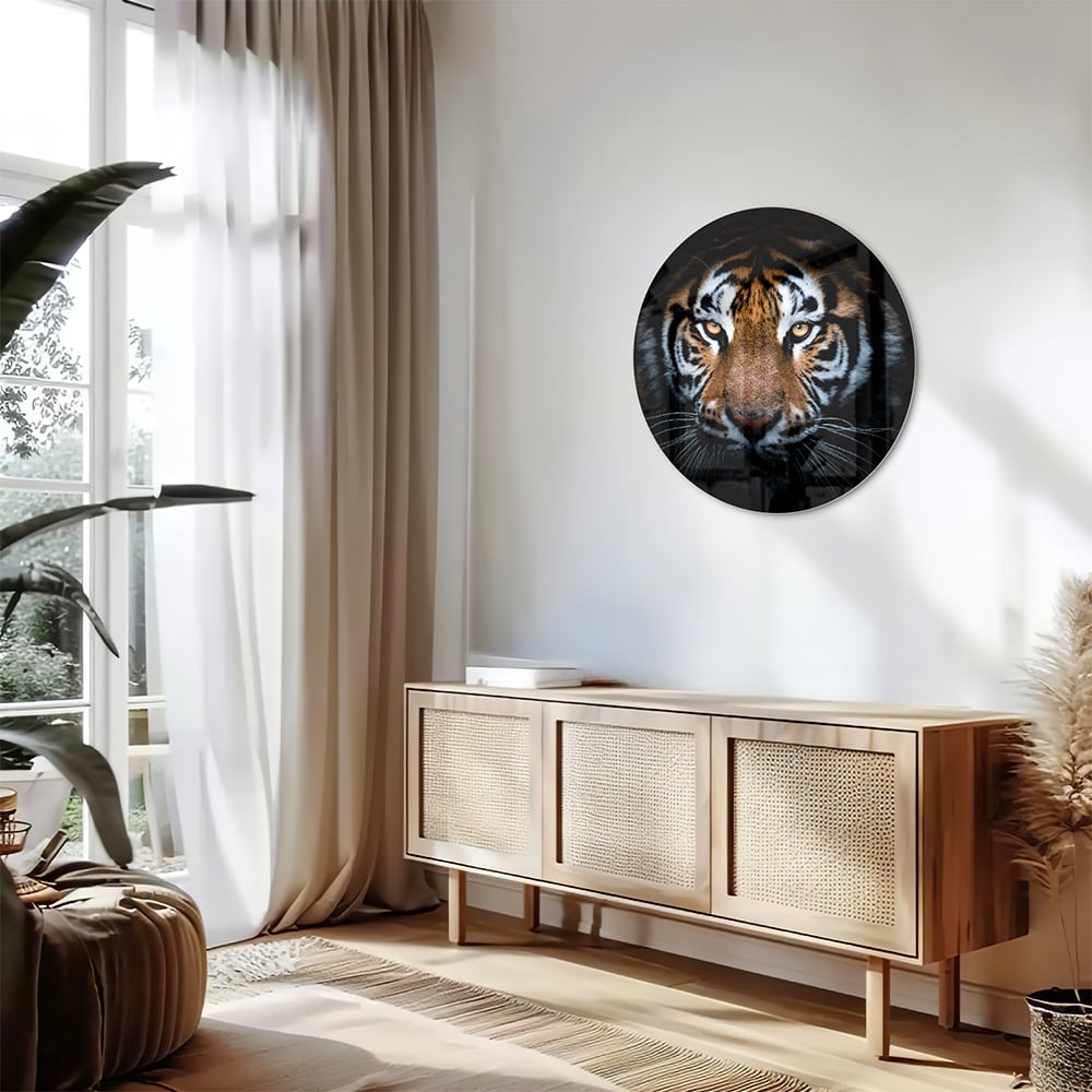 Beeindruckendes Glasbild mit einem Tigergesicht