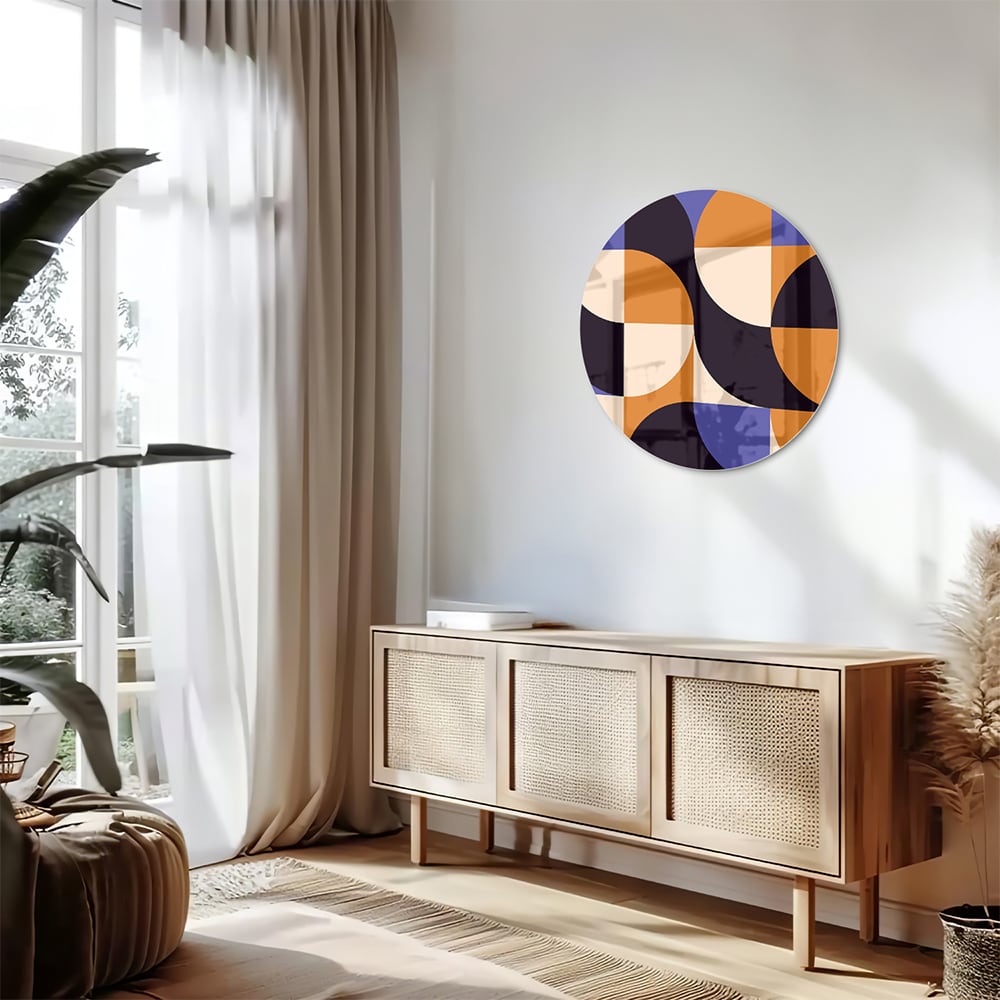 Abstraktes Glasbild in blauen und Orangetönen