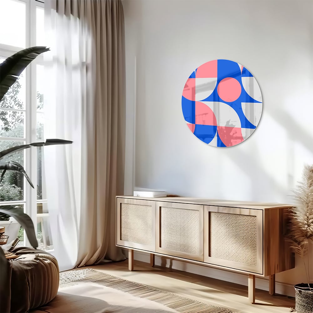 Abstraktes Glasbild mit blauen und rosa Farbtönen