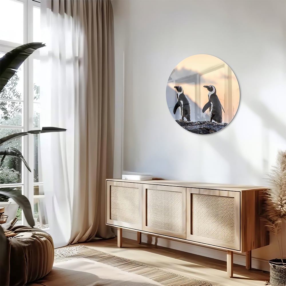 Glasbild mit Pinguinen bei Sonnenuntergang