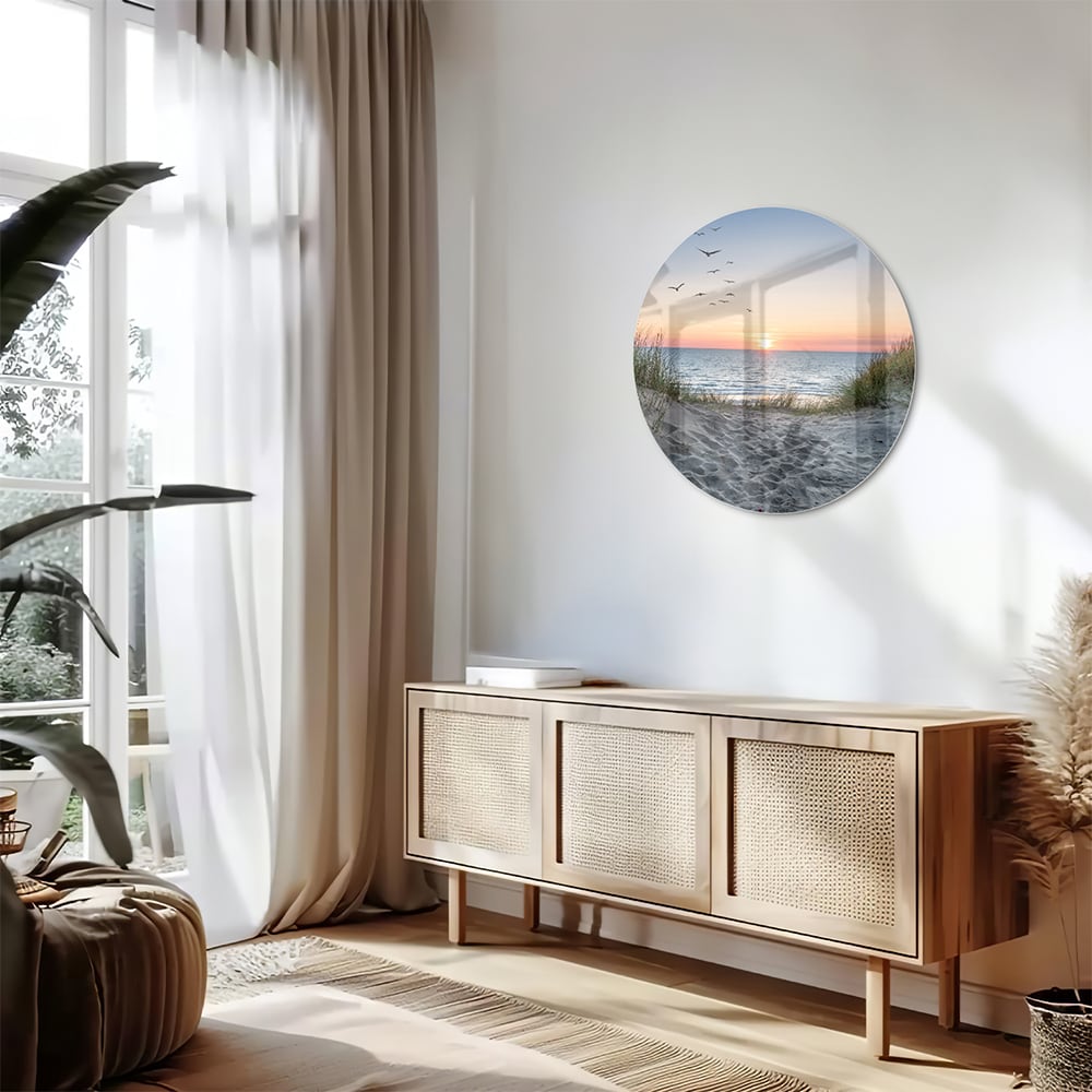Glasbild mit ruhigem Sonnenuntergang am See