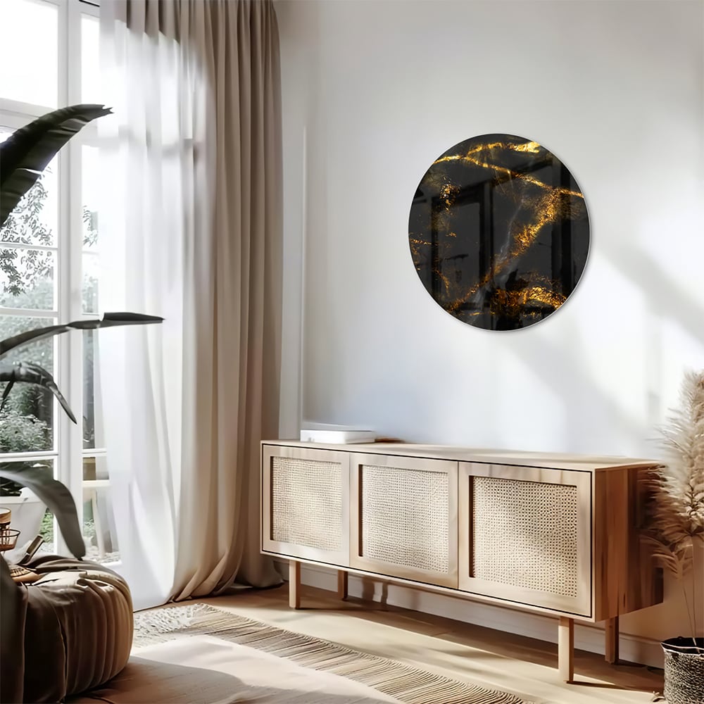 Glasbild mit schwarzem und goldenem Marmordesign
