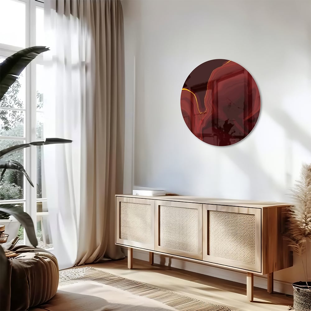 Abstraktes Glasbild mit warmen Rottönen