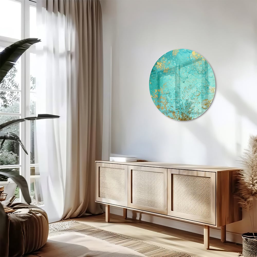 Glasbild mit goldenen Akzenten auf Türkis