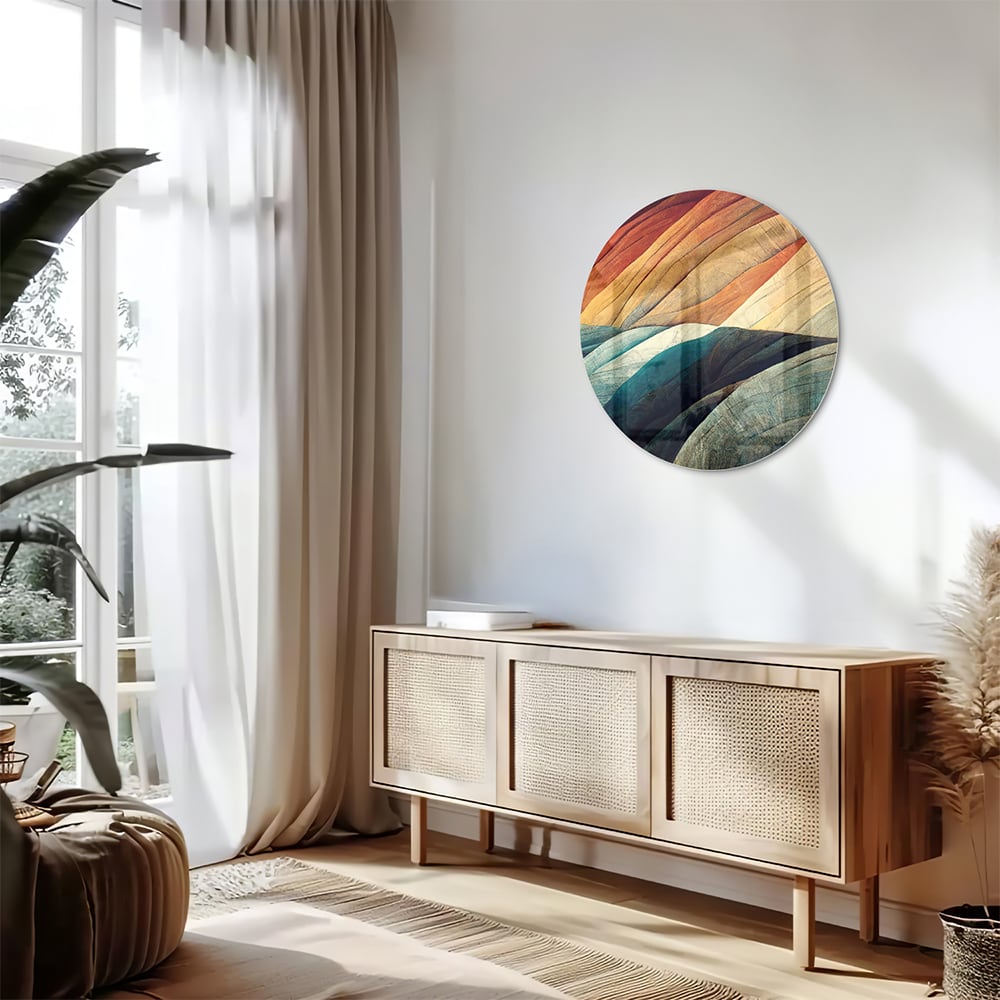 Abstraktes Glasbild mit farbenfrohen Wellen