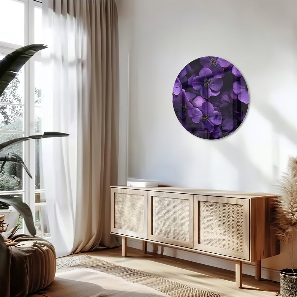 Glasbild mit violetten Blumen für Ihr Interieur