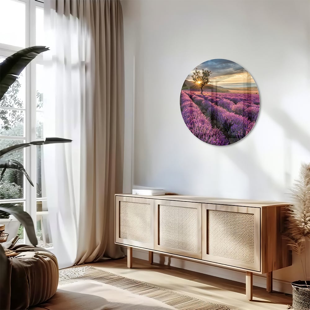 Glasbild mit violetten Lavendelfeldern bei Sonnenuntergang