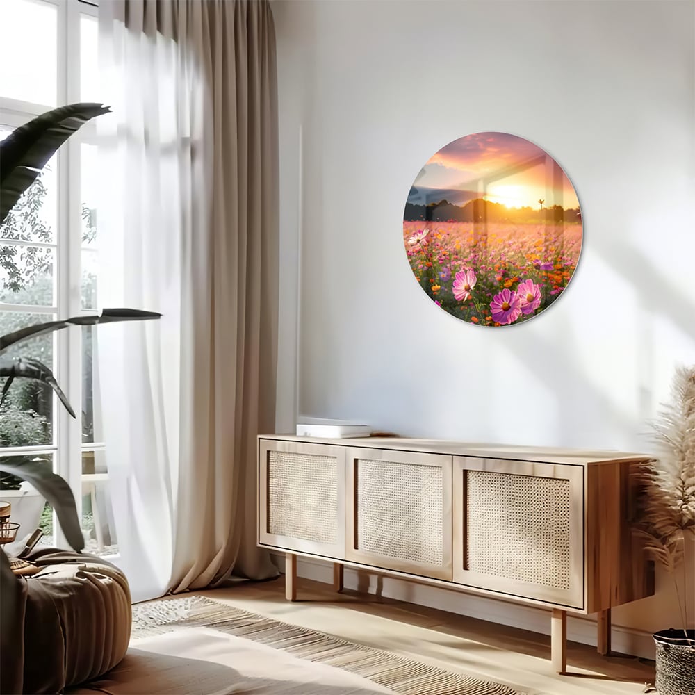 Glasbild – Sonnenuntergang über Blumenfeld
