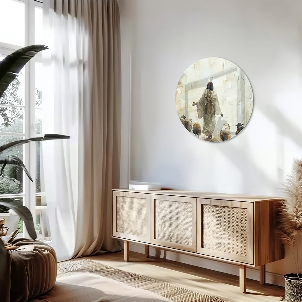 Glasbild mit spirituellem Wegweiser und Schafen