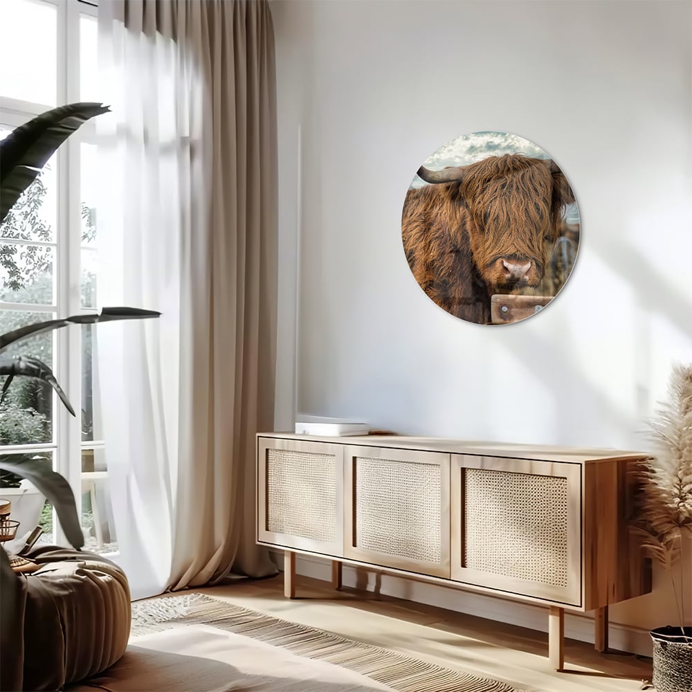 Glasbild mit einem Hochlandrind in der Natur