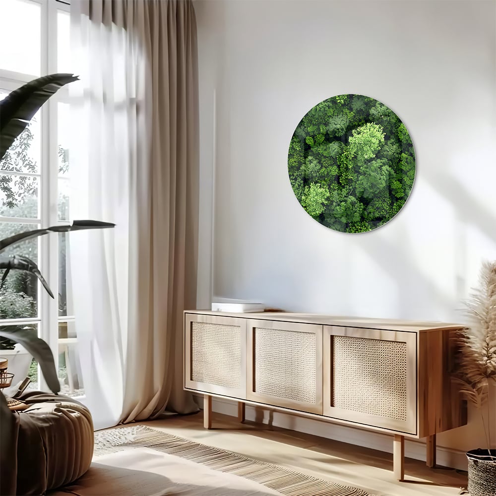 Glasbild mit Himmelsmotiv und üppigem grünen Wald