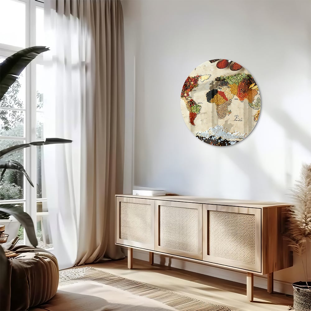 Farbenfrohes Glasbild mit Früchten und Gewürzen