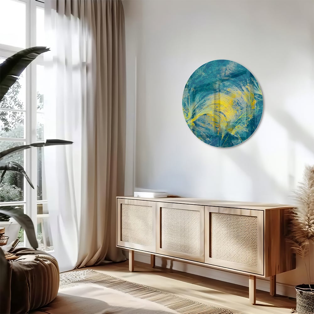 Farbenfrohes Glasbild mit abstraktem blau-gelbem Muster