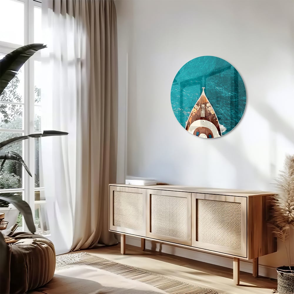 Glasbild mit ruhigem Boot auf klarblauem See