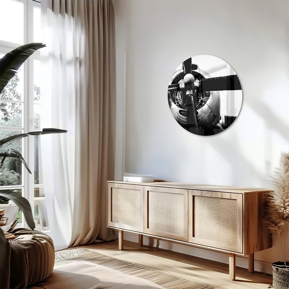 Schwarz-Weiß-Glasbild mit Vintage-Flugzeugpropeller