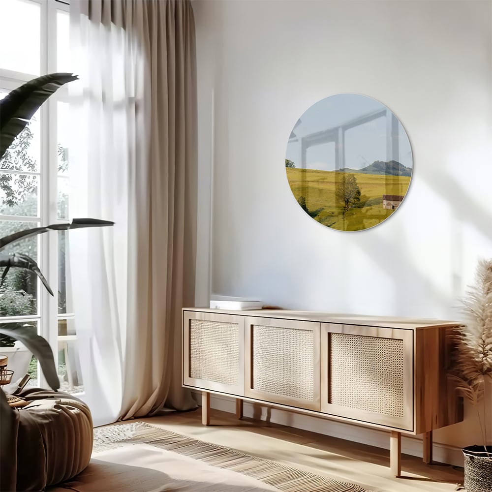 Glasbild mit grünen Hügeln in der Landschaft