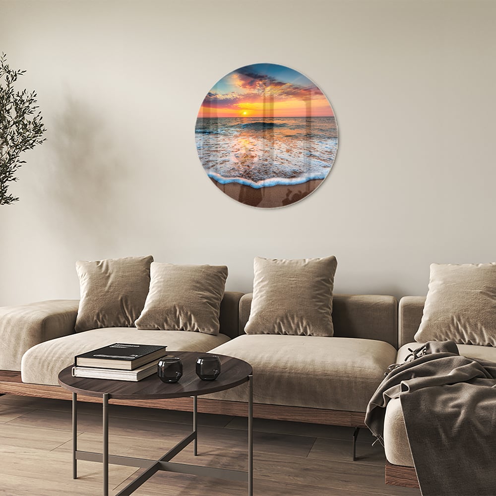Glasbild – Sonnenuntergang am Strand