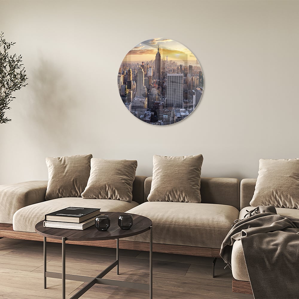 Glasbild mit atemberaubender Aussicht auf New York bei Sonnenuntergang