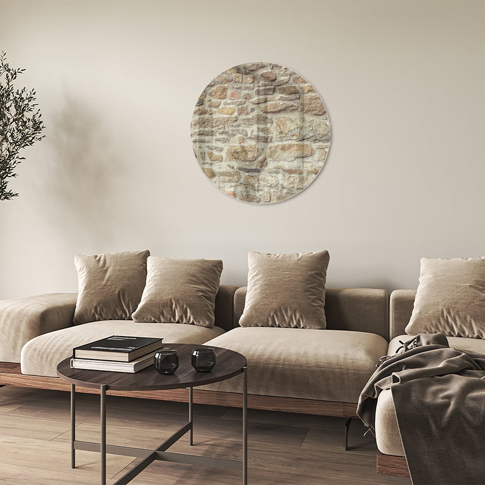 Glasbild mit rustikaler Steinwand