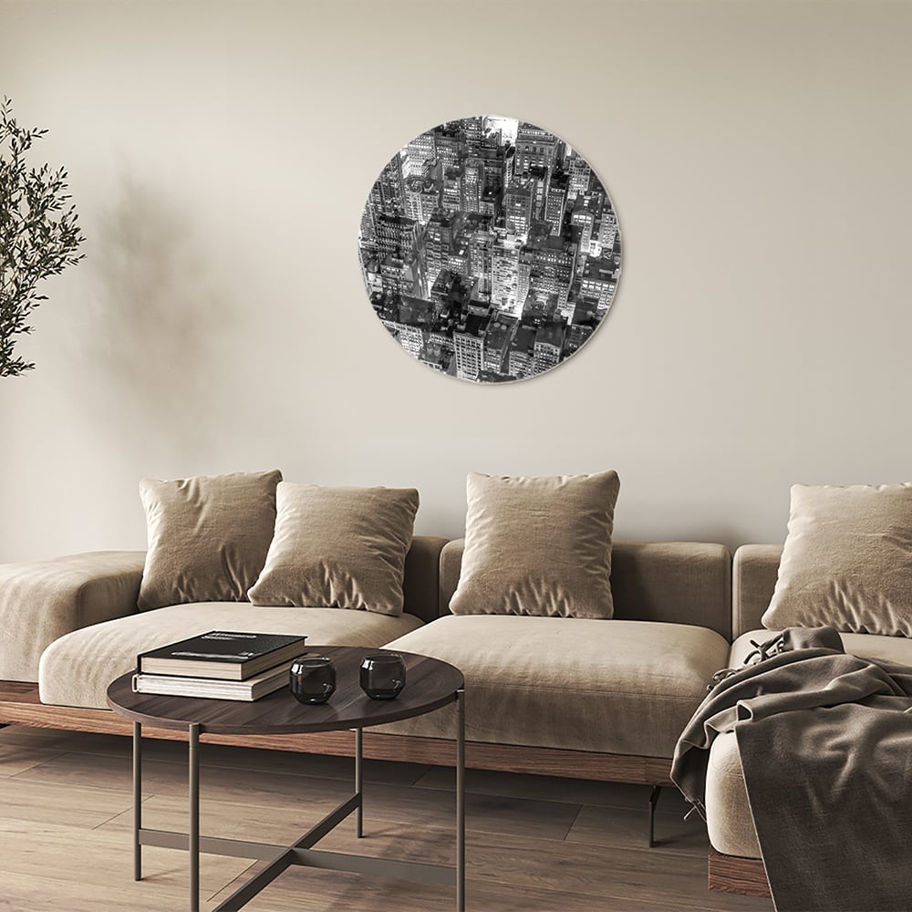 Schwarz-Weiß-Glasbild mit Stadtmotiv für ein modernes Interieur