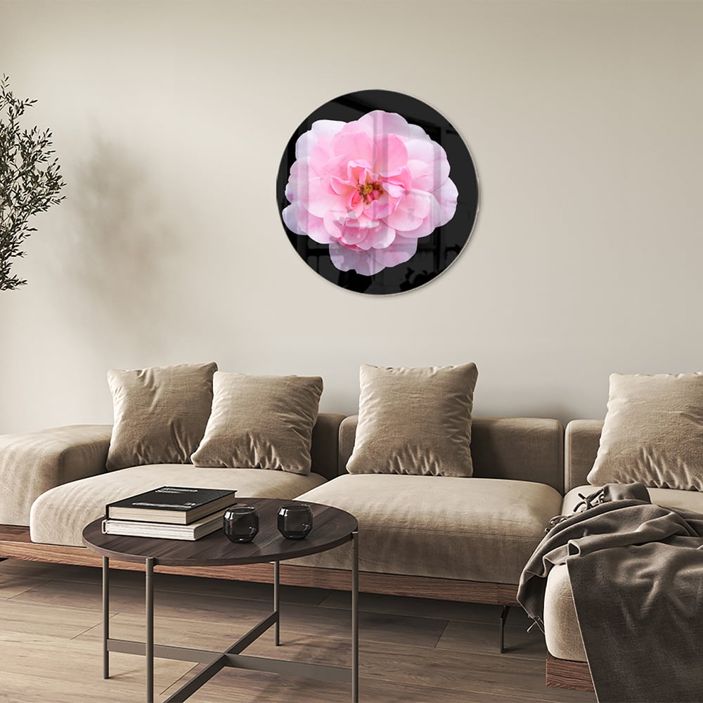 Elegantes Glasbild mit rosa Blume auf schwarzem Hintergrund