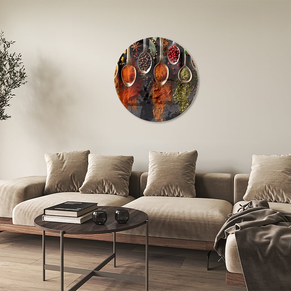 Farbenfrohes Glasbild mit Kräutern und Gewürzen