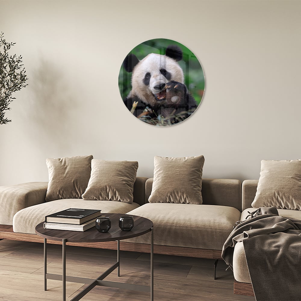 Glasbild mit einem niedlichen Panda in grüner Landschaft