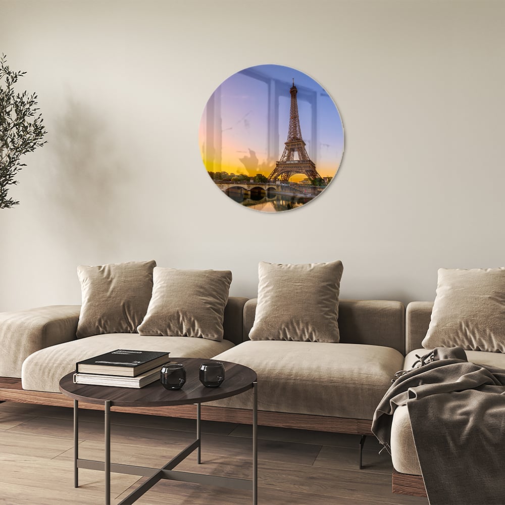 Glasbild mit dem Eiffelturm bei Sonnenuntergang