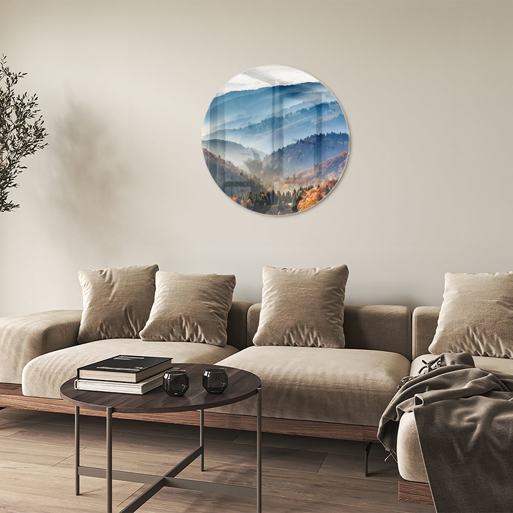 Atemberaubendes Glasbild mit Berglandschaft für Zuhause
