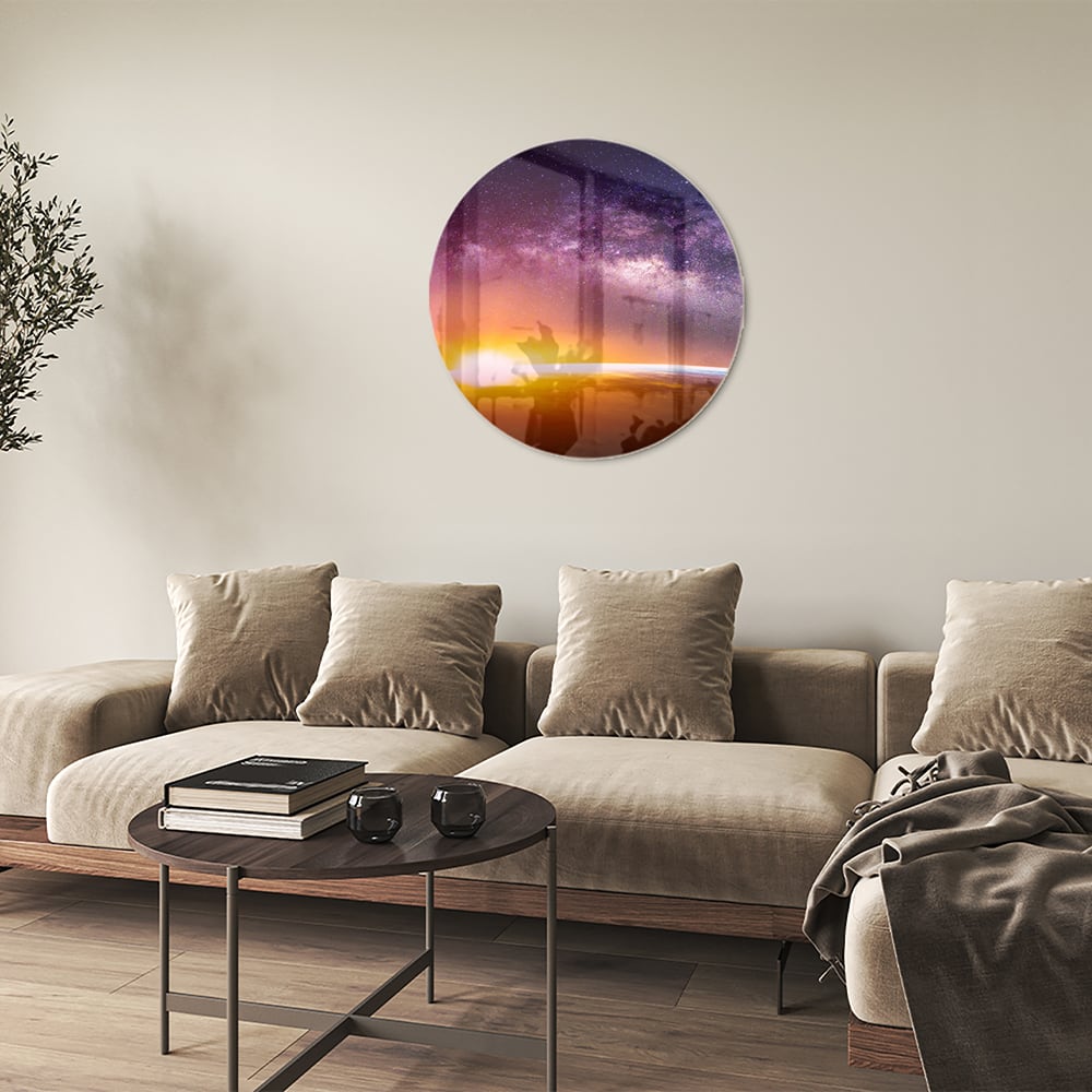 Glasbild mit einem Sternenhimmel bei Sonnenuntergang