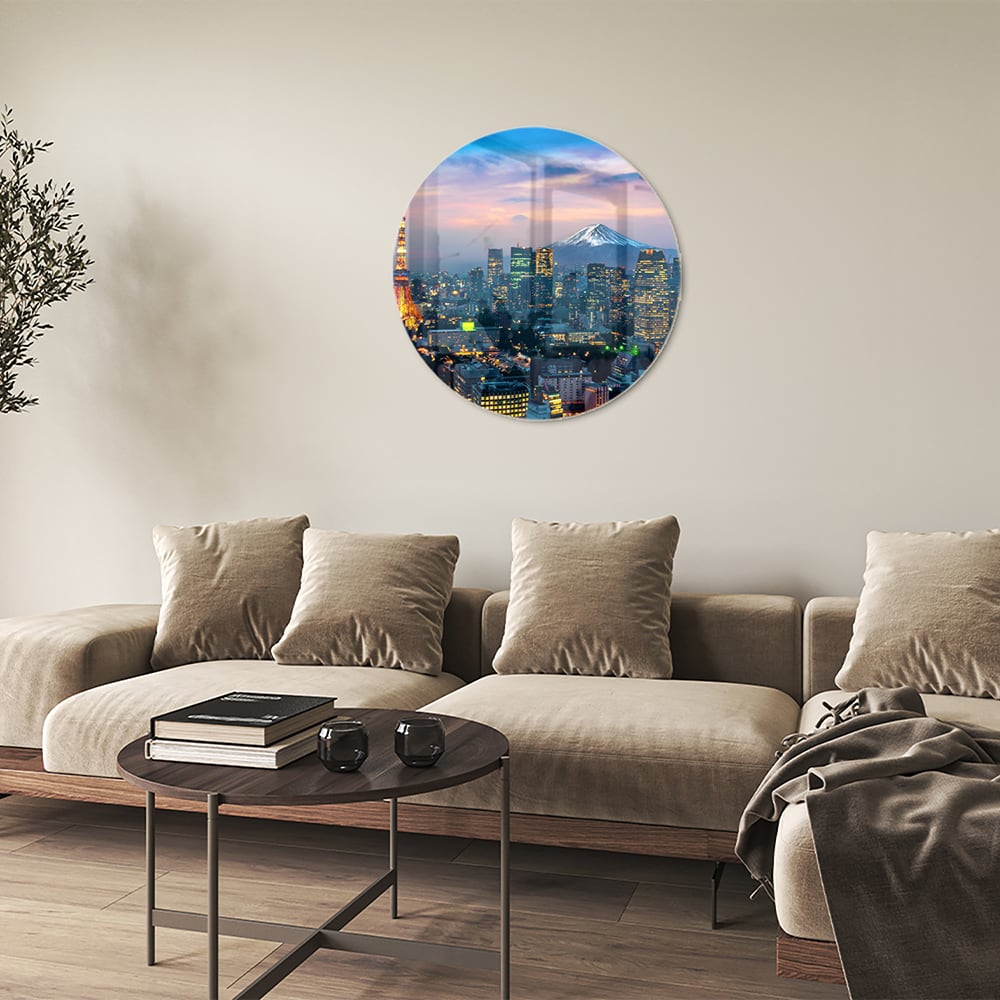 Glasbild mit Stadtpanorama, Fuji und Tokyo Tower