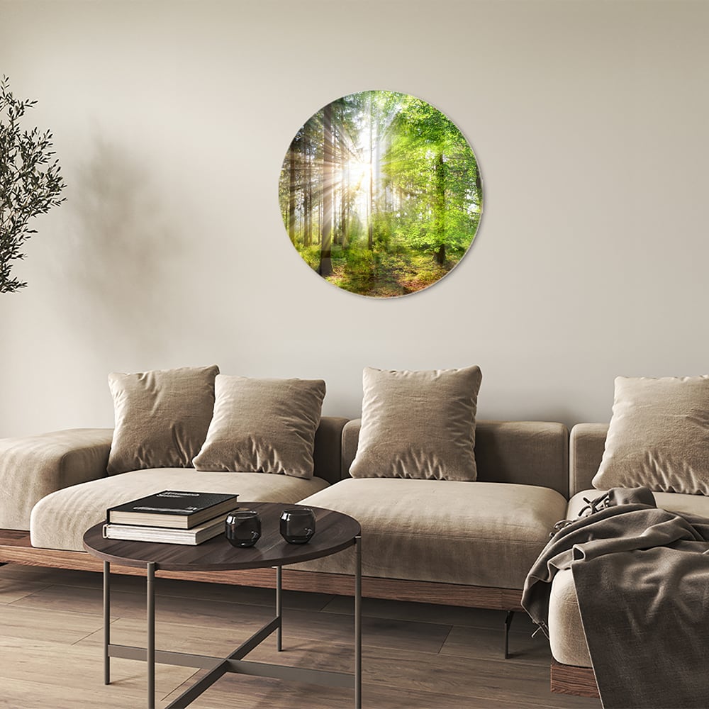 Glasbild mit sonnigem Wald für die Wohndekoration