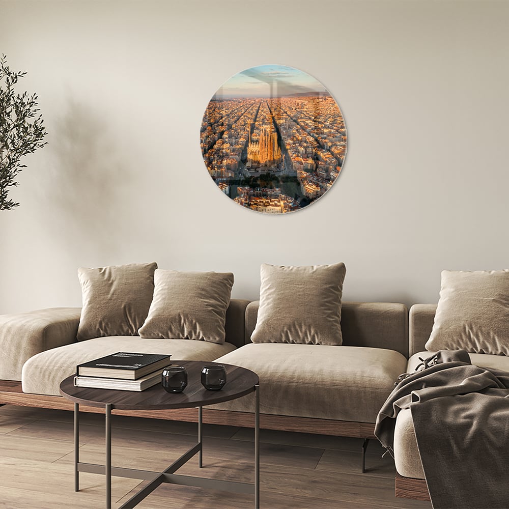 Glasbild mit atemberaubendem Stadtblick bei Sonnenuntergang