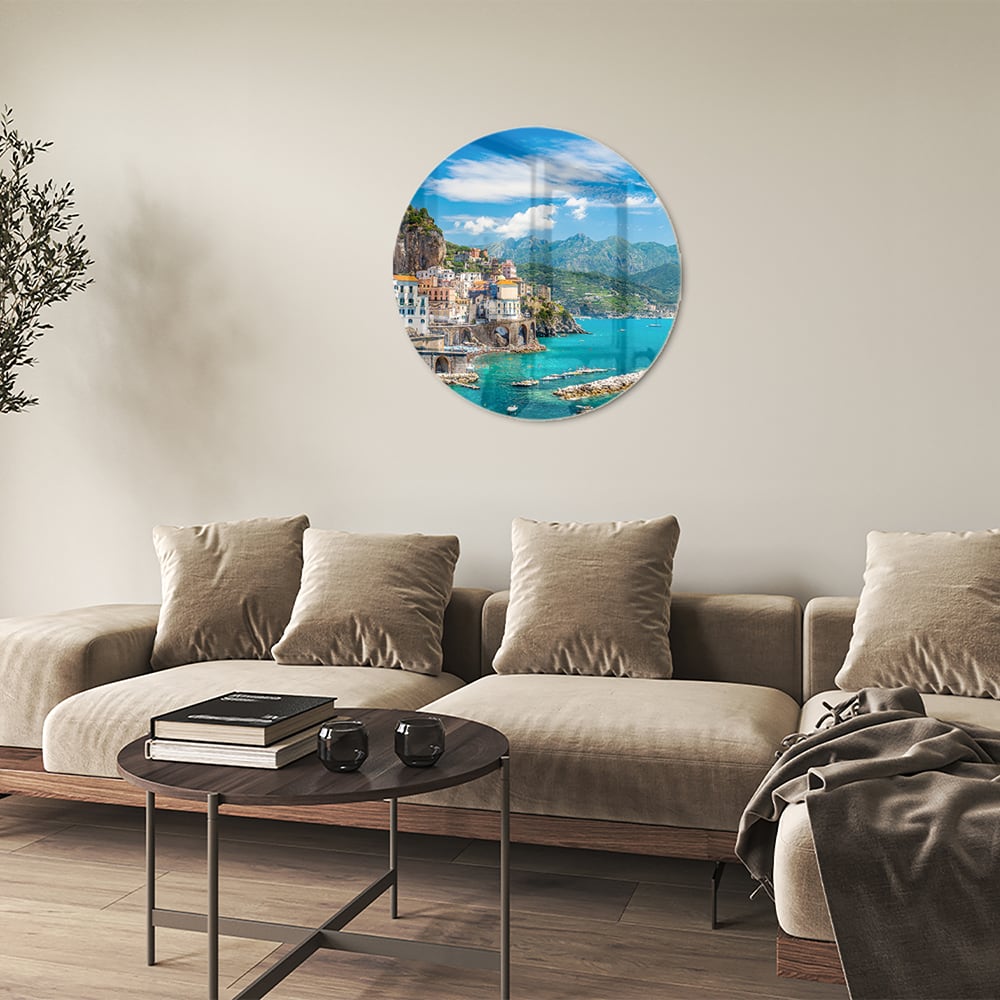 Glasbild mit blauem See und Bergen