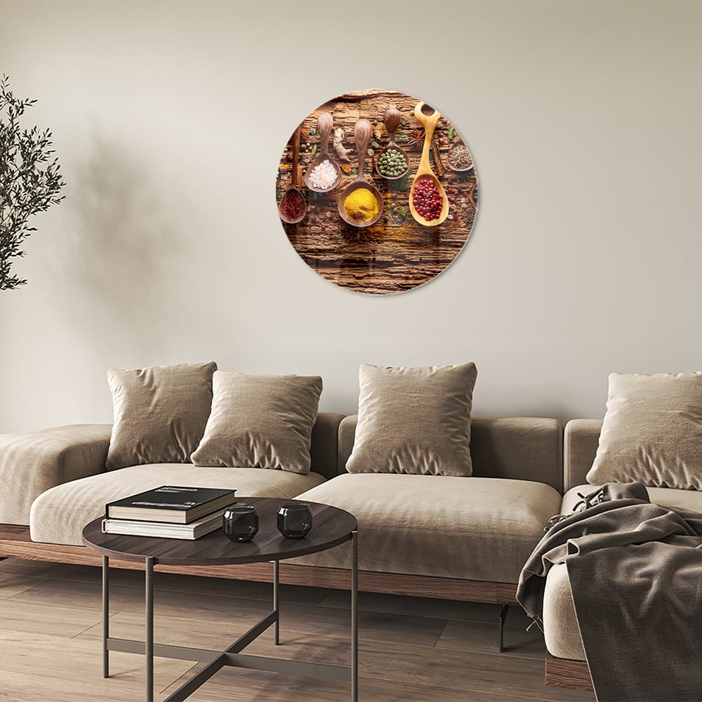 Buntes Glasbild mit Gewürzen und Löffelmotiven