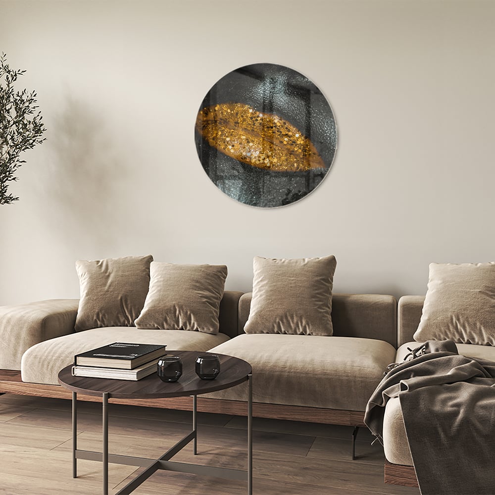 Glasbild mit goldenem Blatt für Ihr Interieur
