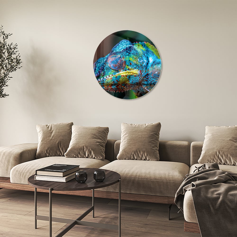 Farbenfrohes Chamäleon-Glasbild für Ihr Interieur