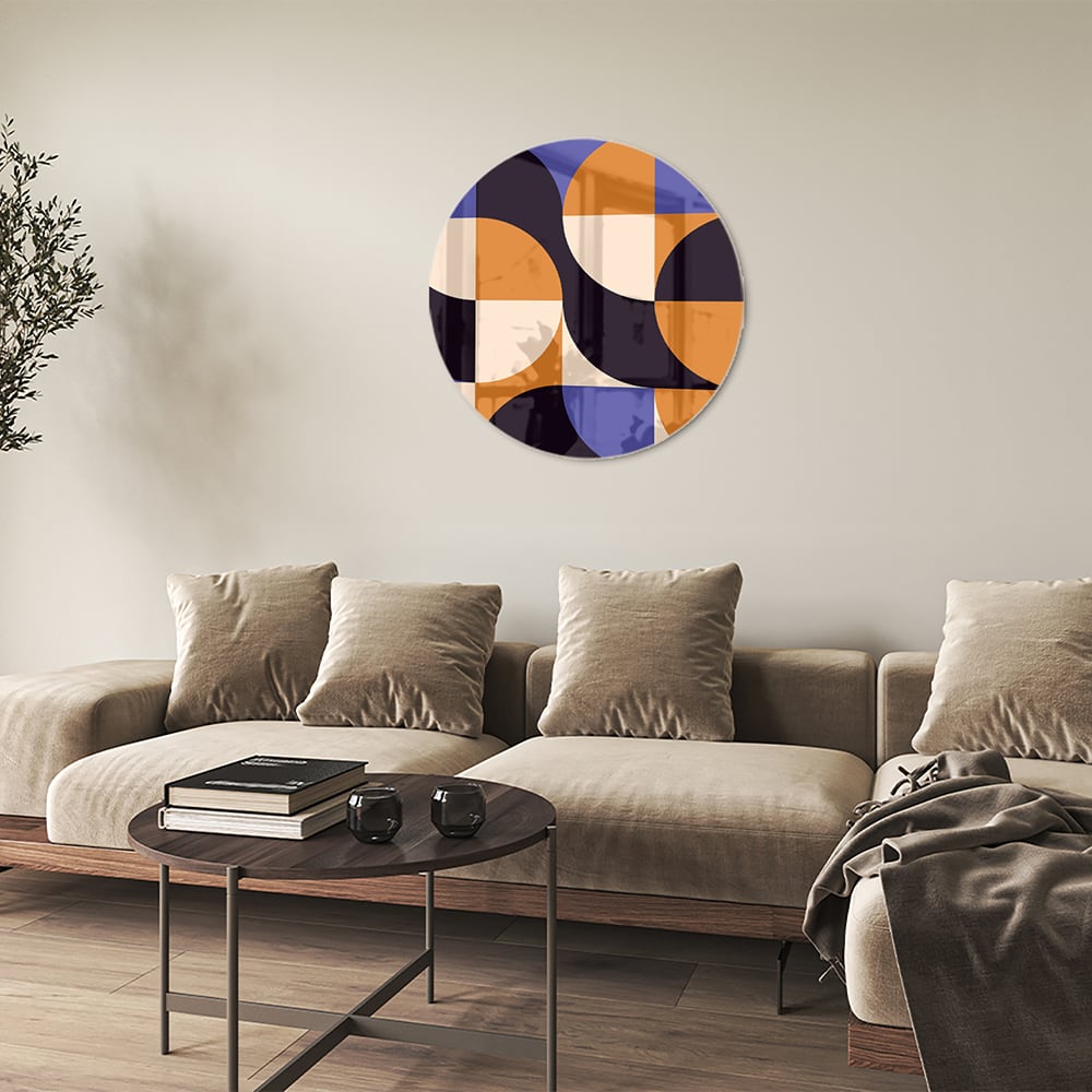 Abstraktes Glasbild in blauen und Orangetönen
