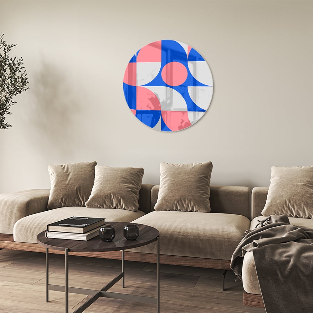 Abstraktes Glasbild mit blauen und rosa Farbtönen
