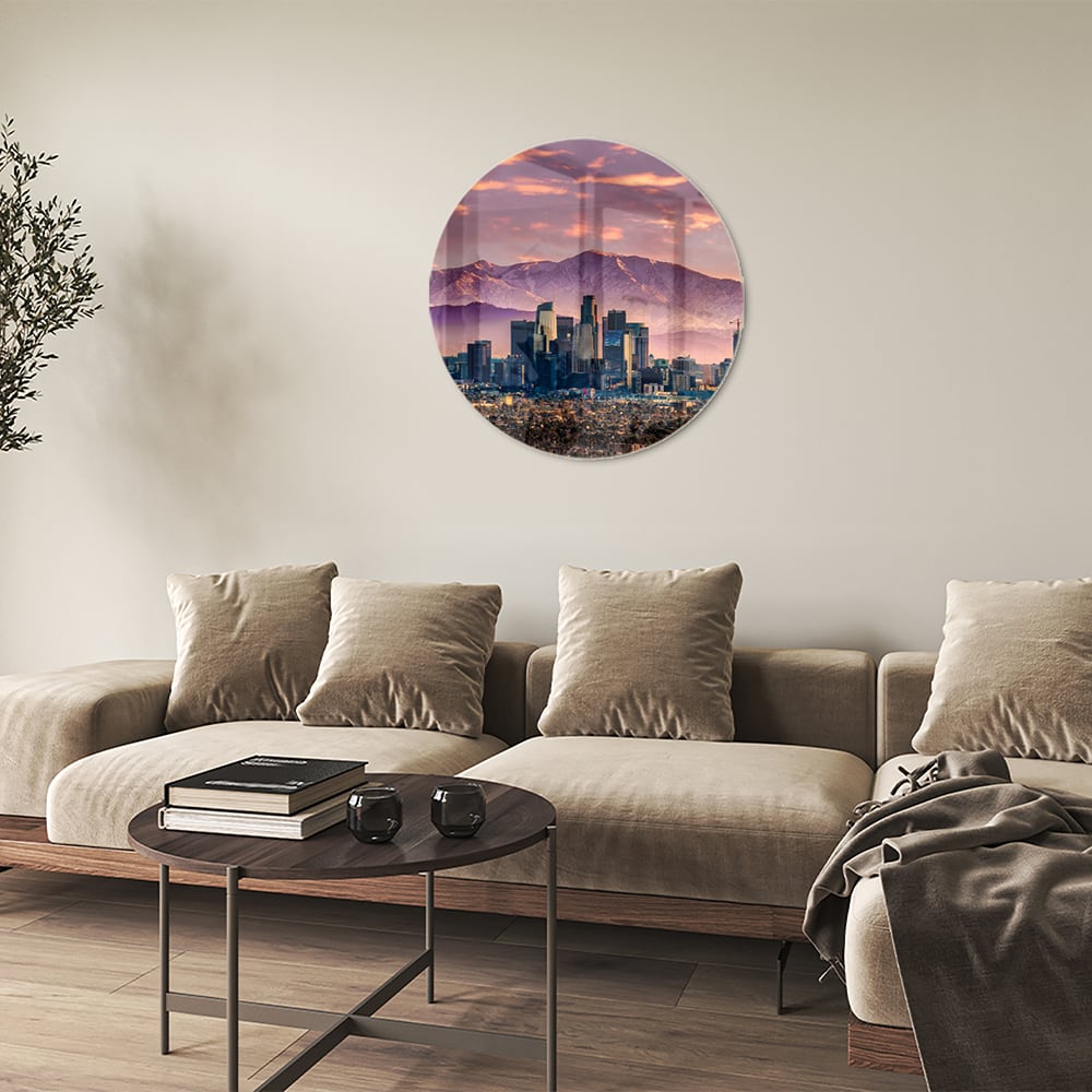 Glasbild Stadtpanorama bei Sonnenuntergang