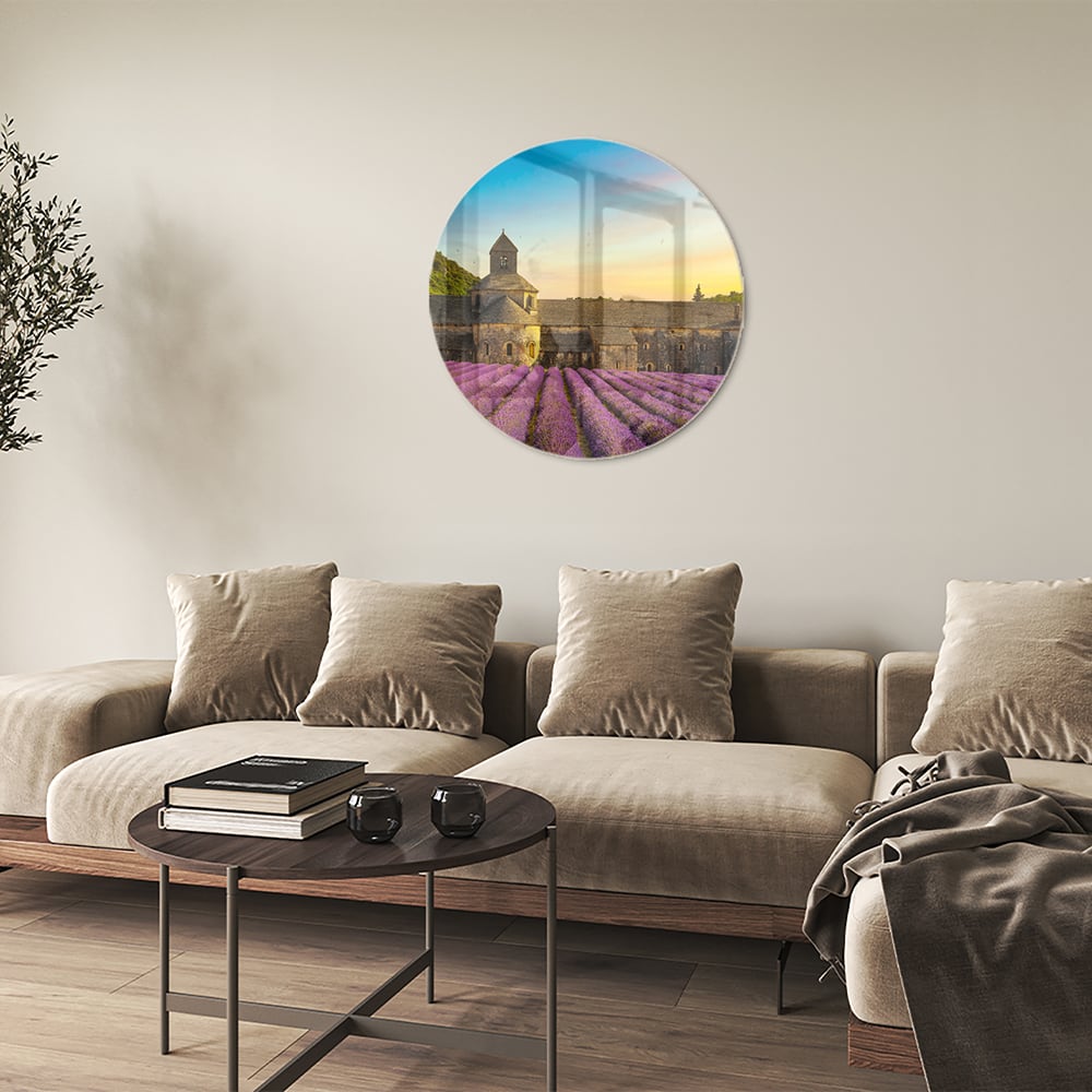 Wunderschönes Glasbild mit Lavendelfeldern
