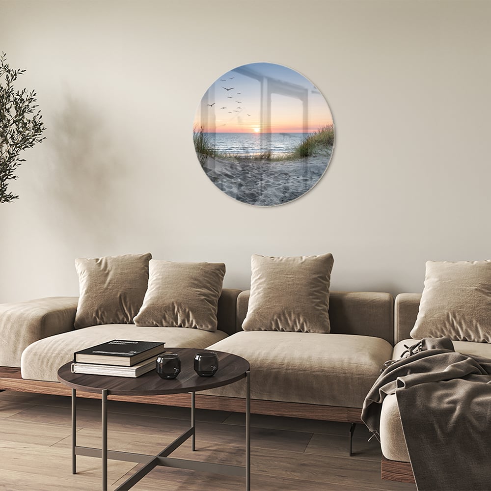 Glasbild mit ruhigem Sonnenuntergang am See