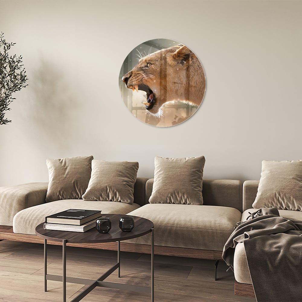 Beeindruckendes Glasbild mit einem brüllenden Löwen